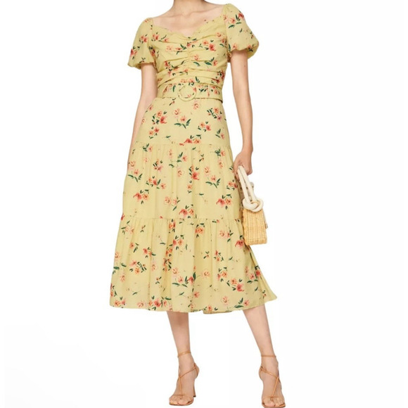 Paloma Blue Evie Dress in Yellow Women's Small Midi Floral Belted NEW w tag $504 - Picture 1 of 11